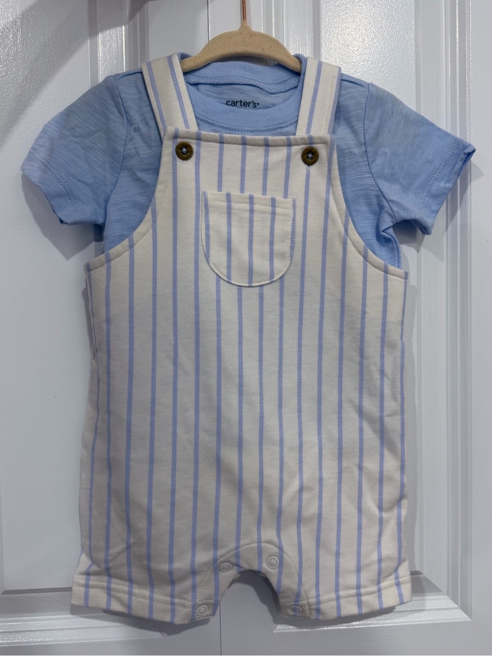 Carter's 3 pc Cream and Light Blue Striped Overall Set